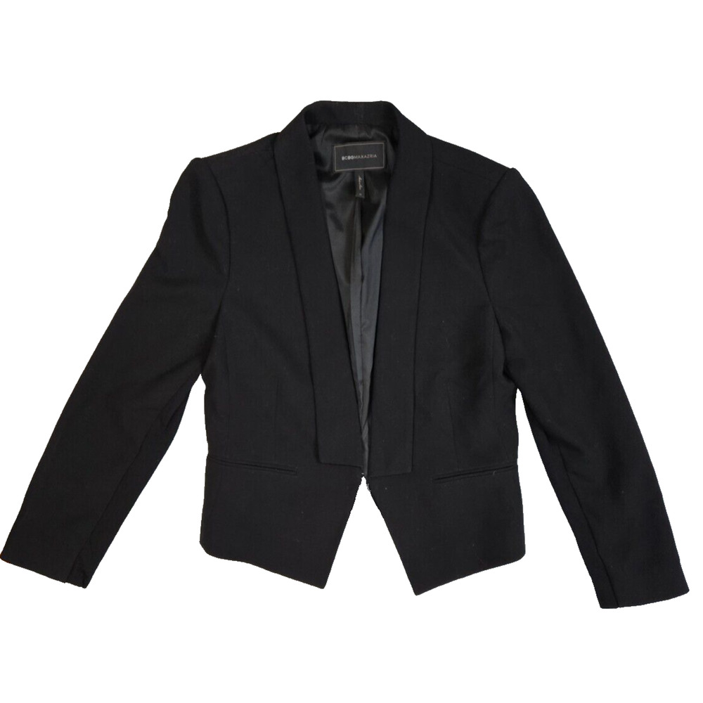 BCBG Maxazria Lloyd Asymmetrical Open Black Cropped Blazer Size Medium